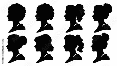 Set of eight black silhouettes of women's heads with various hairstyles