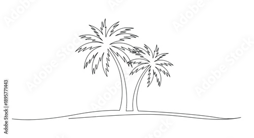 Minimalist line art drawing of two palm trees with fronds reaching upwards on a sandy ground against a white background