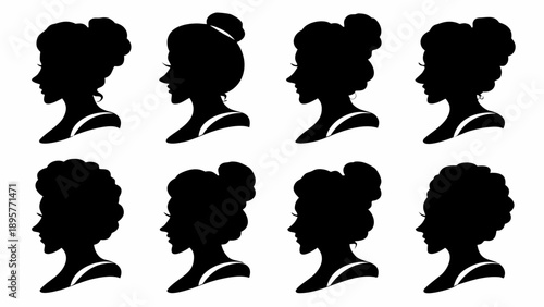 Set of elegant black silhouettes of women with various hairstyles