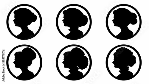 Six silhouettes of women with different hairstyles in oval frames