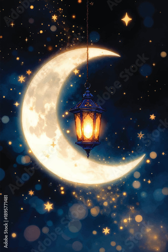 A glowing moon and bright stars illuminate the dark blue night sky in this starry cosmos illustration of the galaxy and universe

Would you like me to generate a similar image for you based on this de