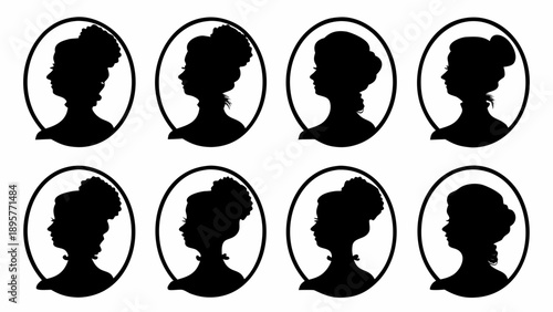 Set of eight black silhouette portraits of women in oval frames