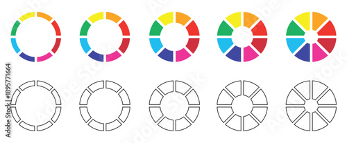 Colorful pie charts with varying segments. Circle section graph. Pie charts diagrams. Different color circles.