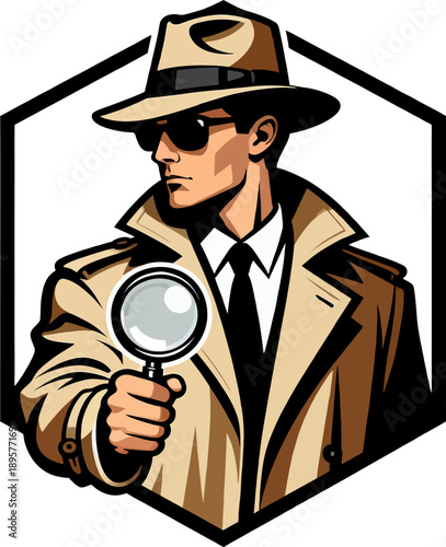 Bold Hexagon Detective Portrait Logo, Spy Investigator Holding Magnifier Glass Vector Icon