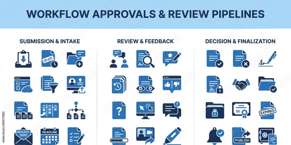 Φωτογραφία 50 Workflow Approvals and Review Solid Vector Icon Set — Submission, Intake, Fee