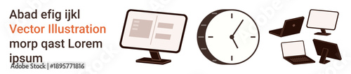 Time management, productivity tools, office setups, digital interfaces, modern work, remote technology. A clock, computer screen and laptops in minimalist style. Time management and productivity