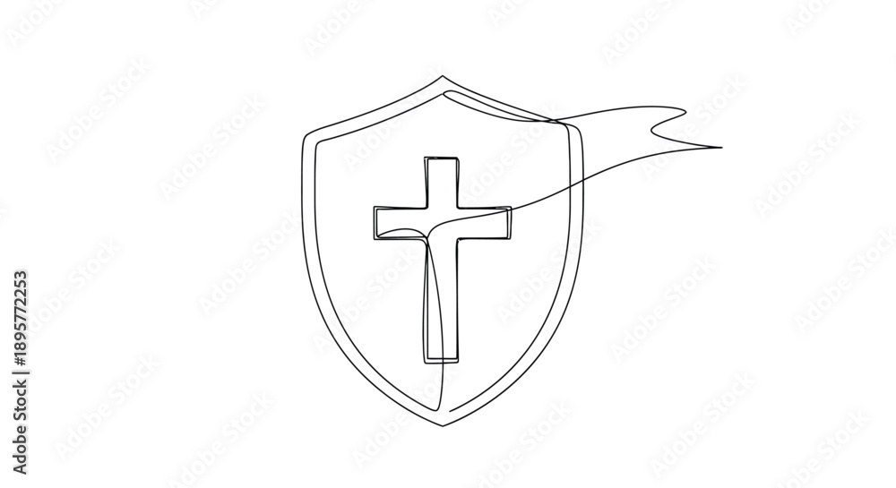 Obraz premium Simple hand drawn outline of a shield with a christian cross and a flowing flag representing faith and protection