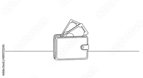 Simple continuous line drawing of a wallet with cash money sticking out on a white background representing financial concept