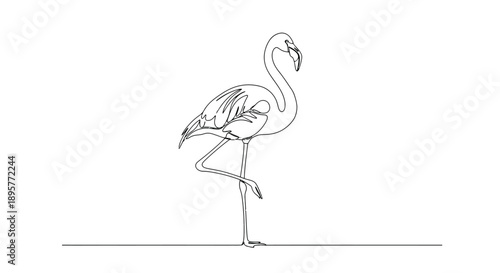 Elegant line art drawing of a flamingo standing on one leg with intricate feather details against a clean white background