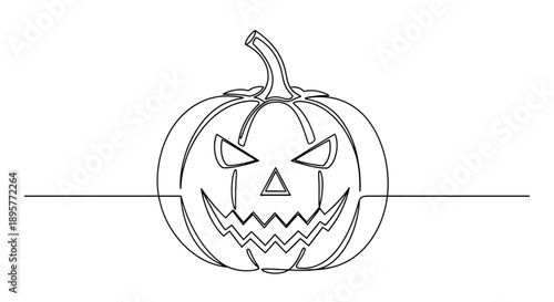 Spooky halloween jack o lantern outline drawing with a jagged grin and scary eyes on a white background