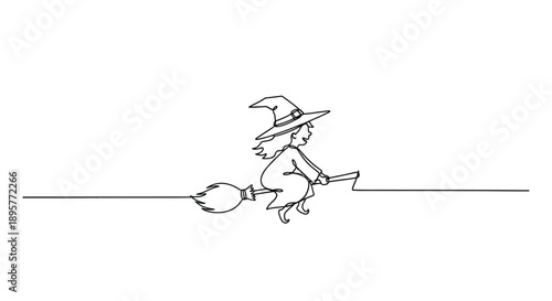 Whimsical hand drawn line art illustration of a cute cartoon witch flying on a broomstick against a white background
