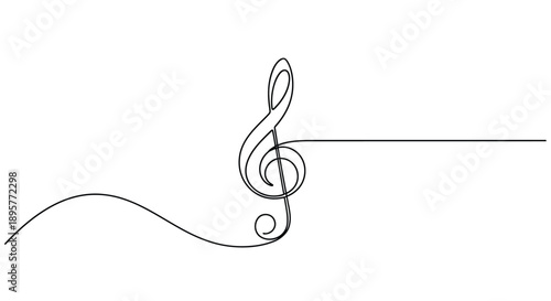 Elegant single line drawing of a treble clef symbol flowing into musical notes on a white background