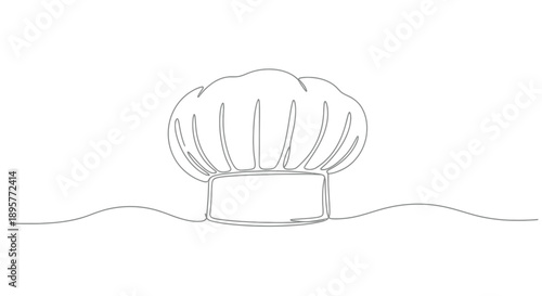Minimalist line art drawing of a chef s hat standing tall on a white background with subtle wavy lines below