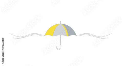 A whimsical yellow and grey umbrella with flowing white ribbons on a clean white background representing protection and joy