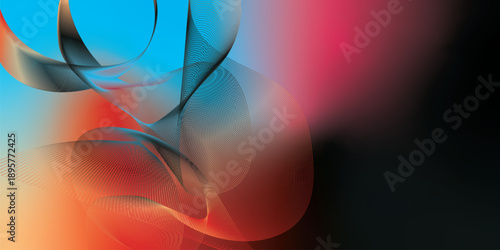 Red black and azure abstract shape grainy gradient background with black noisy texture for wide banner poster and header design