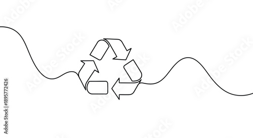 Minimalist continuous line drawing of the universal recycling symbol integrated into a flowing wavy line on a white background