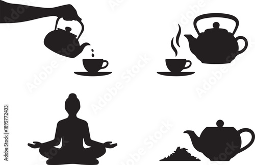 Tea Ceremony and Meditation Icon Set: Pouring, Steaming Cup, and Loose Leaves Isolated on white background