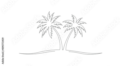 Stylized outline illustration of two palm trees on a small island with wavy lines representing water or sand