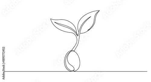 Minimalist continuous line drawing of a single sprout emerging from a seed symbolizing growth and new beginnings on a plain background