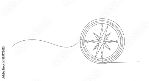 A delicate continuous line drawing of a starburst compass rose with a flowing wavy line extending from its side on a white background