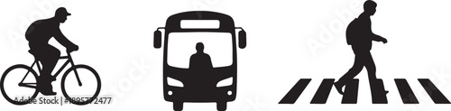 Transportation Icons: Cyclist, Bus Driver, Pedestrian on Crosswalk Isolated on white background