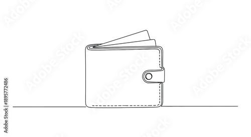 Minimalist single line drawing of an open wallet with cards or paper peeking out from the top resting on a thin horizontal line