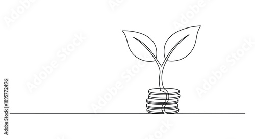 Continuous line drawing of a sprouting plant growing from a stack of coins symbolizing financial growth and investment in a sustainable future
