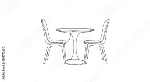 Minimalist single line drawing of a small round table with two chairs creating an intimate dining or cafe setting