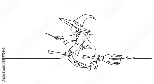 Whimsical single line drawing of a witch in a pointed hat flying on a broomstick holding a magic wand