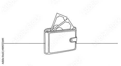 Minimalist line art illustration of a leather wallet with credit cards and cash peeking out against a clean white background