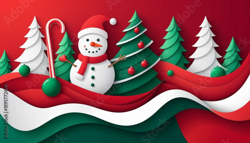 Cute Snowman with Candy Cane and Christmas Trees, Festive Holiday Scene