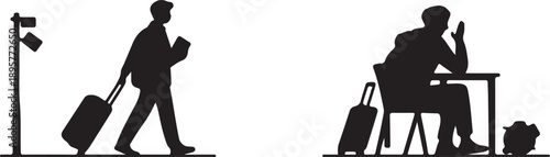 Traveler Walking with Suitcase and Person Waiting at Table with Luggage