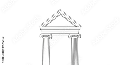 Architectural sketch of a classical greek temple facade with triangular pediment and doric columns against a white background