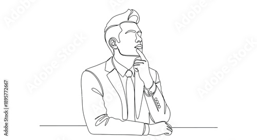 Thoughtful young man in military uniform with hand to chin contemplating a decision or memory in a simple line drawing style
