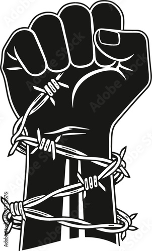 Clenched fist silhouette wrapped in barbed wire symbolizing resistance freedom human rights and the struggle against oppression