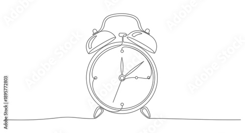 Simple line drawing of a vintage alarm clock with two bells and a round face showing the time