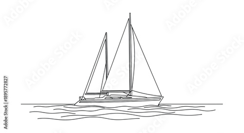 Simple line drawing of a sailboat with two masts sailing on wavy water under a white background