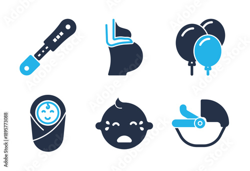 Pregnancy Stages and Baby Care icon set. Solid glyph series icons
