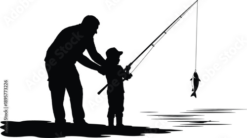 Fishing silhouette featuring a man and child catching a fish together for outdoor leisure and family bonding