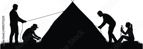 Camping silhouette set featuring a group of people setting up an A-frame tent in the outdoors for recreation