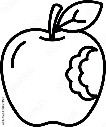 Minimalist black line art icon of a bitten apple fruit for healthy snack and organic food logo design.