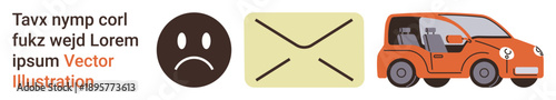 Communication, emotions, transportation, digital messaging, delivery services, mood . Sad face, envelope and cartoon car. Communication and emotions concept with clear symbolic elements