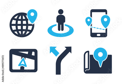 Position Tracking and Route Planning icon set. Solid glyph series icons