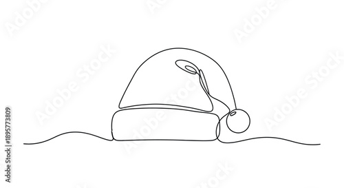 Minimalist single line drawing of a classic santa claus hat with a pom pom and string detail on a white background