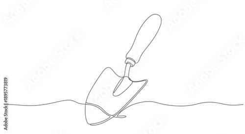 Minimalist continuous line drawing of a garden trowel digging into the soil with wavy ground lines representing earth and cultivation