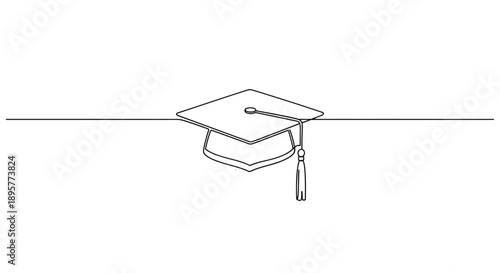 Simple black and white line drawing of a graduation cap with a tassel on a clean white background symbolizing education achievement and academic success