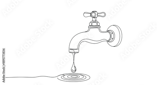 Hand drawn sketch of a vintage style water faucet with a single drop of water falling onto a surface creating ripples