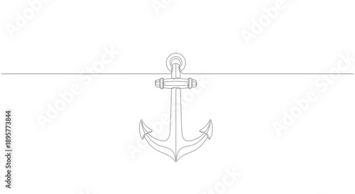 Minimalist hand drawn line art illustration of a ship s anchor partially submerged in water against a clean white background
