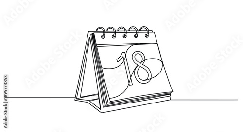 Simple line drawing of a spiral bound desk calendar open to a page showing the number eight and a heart shape