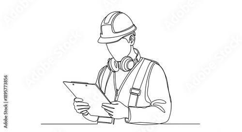 Minimalist single line drawing of a construction worker wearing a hard hat and headphones holding a clipboard and reviewing plans